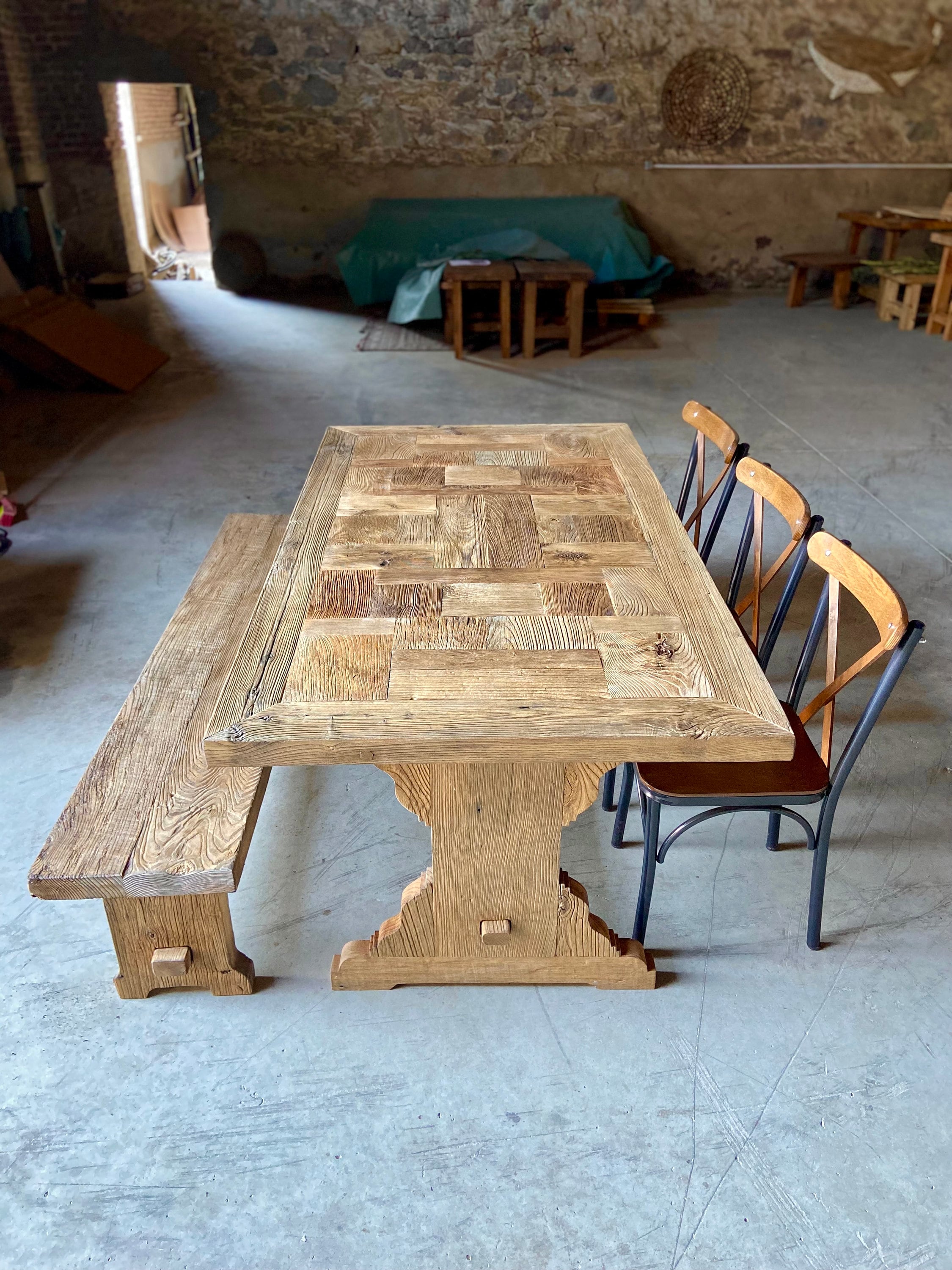 Rustic Reclaimed Oak Dining Table Set With Bench – Handmade Farmhouse ...