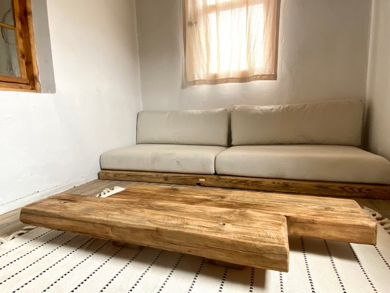 Barn Beam Coffee Table Reclaimed Wood, Low Wabi Sabi Wood Coffee Table, Rustic Japandi Furniture zdjęcie 9