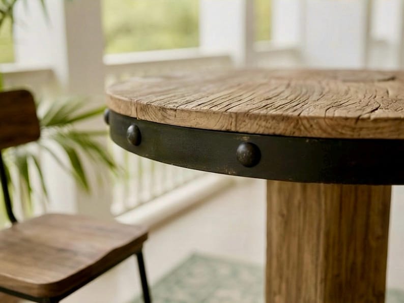 Round Reclaimed Wood Pub Table – Rustic Bar Height Table for Farmhouse & Bistro Spaces image 8