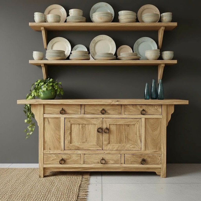 May include: A wooden sideboard with multiple drawers and cabinet doors, topped with two wooden shelves. The shelves display stacks of plates, bowls, and cups. A green plant in a pot and three blue glass bottles add decorative touches.