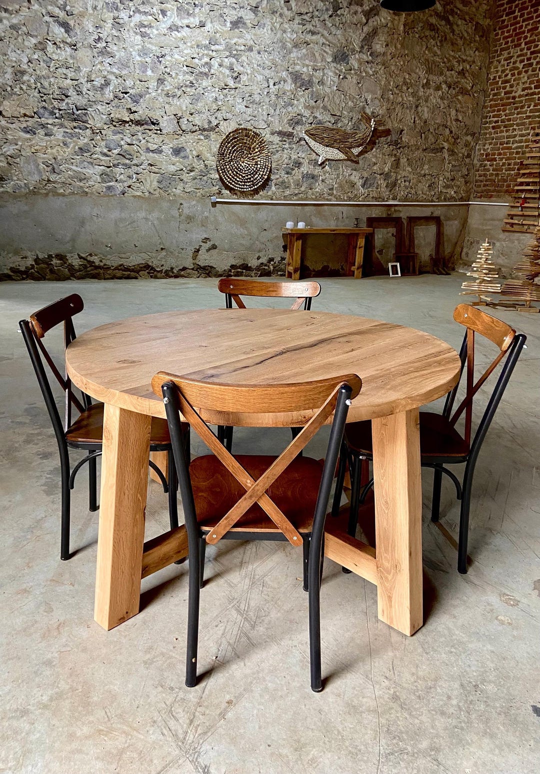 Rustic Oak Farmhouse Kitchen Table Round, Rustic Wood Dining Table ...