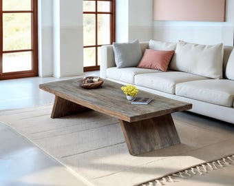 Reclaimed Barnwood Oak Coffee Table – Rustic Angled Legs, Organic Deep Textured Surface