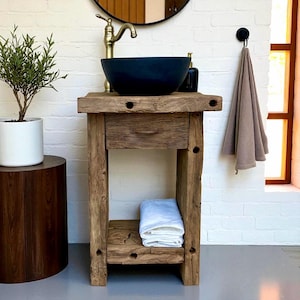Rustic Oak Bathroom Vanity – 20” Reclaimed Wood Cabinet with Black Vessel Sink