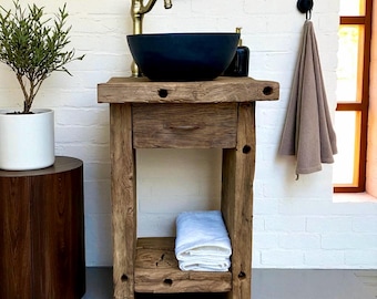 Rustic Oak Bathroom Vanity – 20” Reclaimed Wood Cabinet with Black Vessel Sink