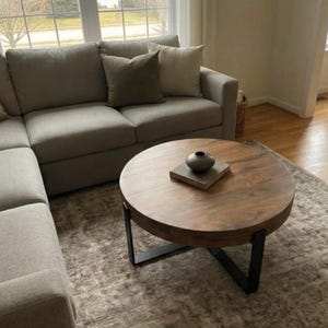 Round Oak Coffee Table – Thick Solid Wood Top With Metal Cross Base - Etsy