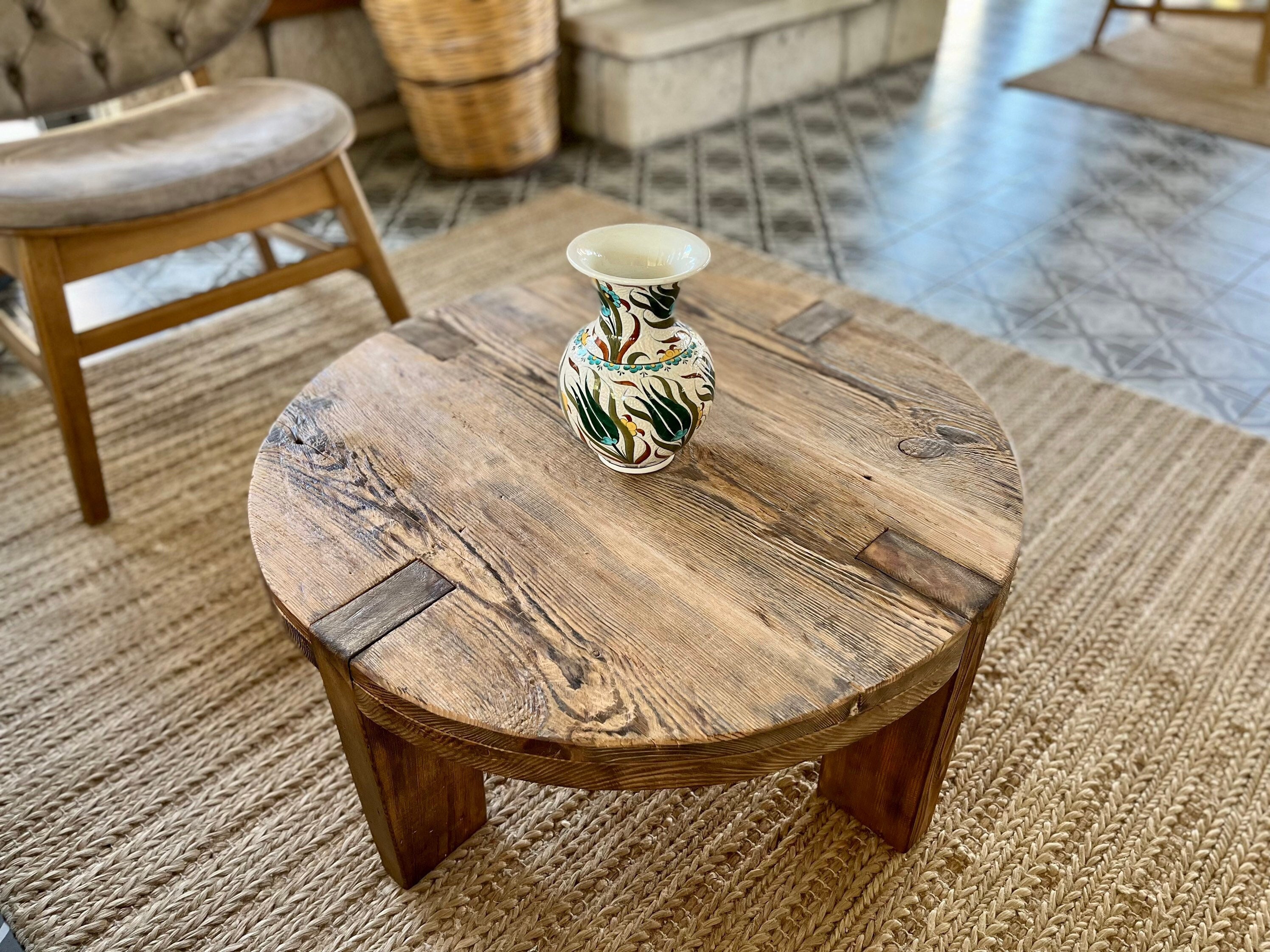 Distressed wood round coffee table discount