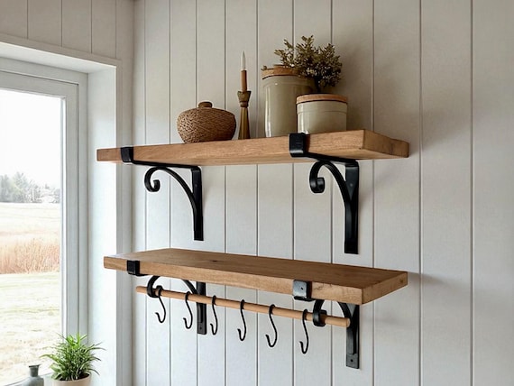Reclaimed Oak Kitchen Shelf With Wrought Iron Brackets & Hooks - Etsy