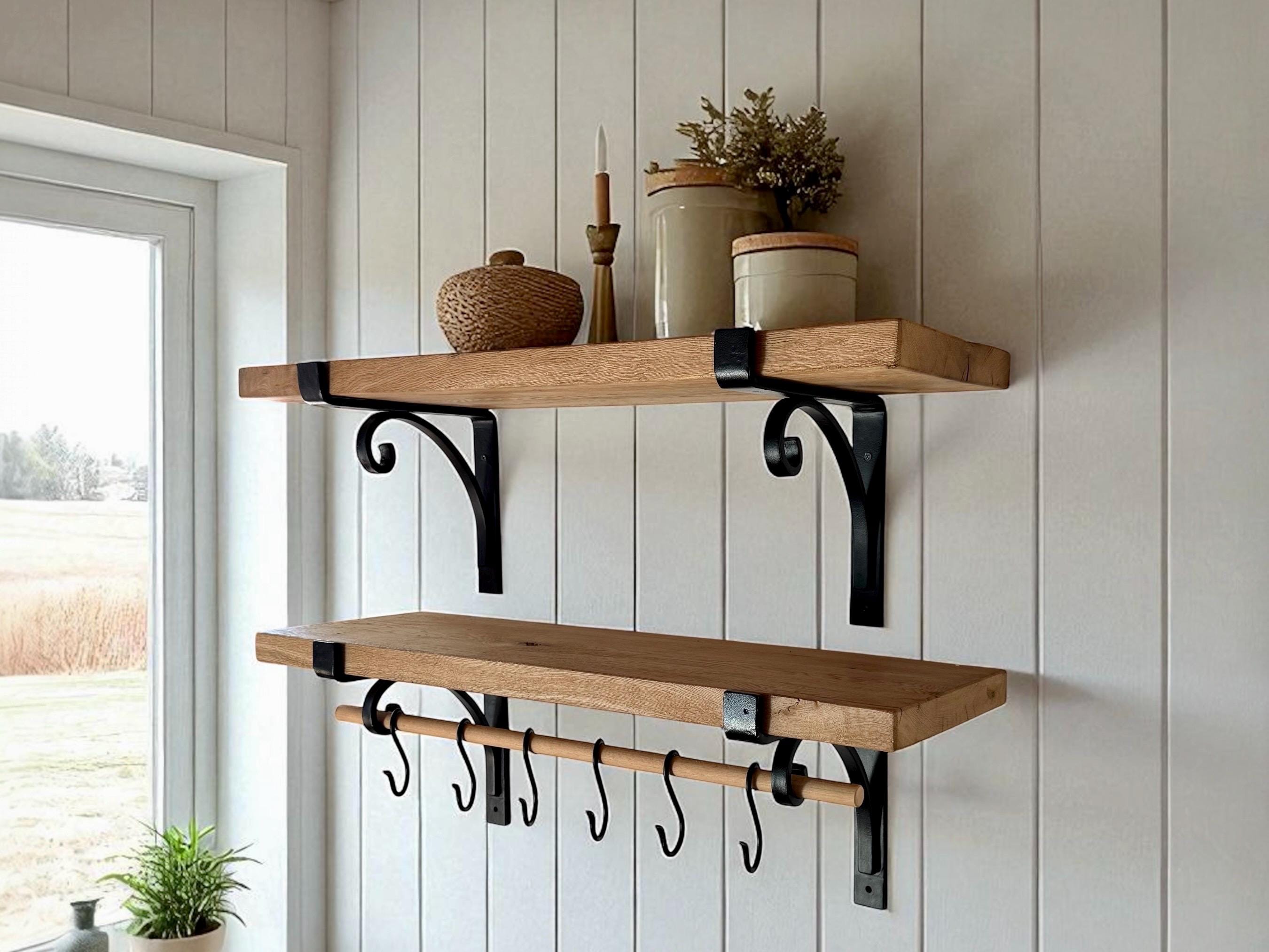 Reclaimed Oak Kitchen Shelf With Wrought Iron Brackets & Hooks