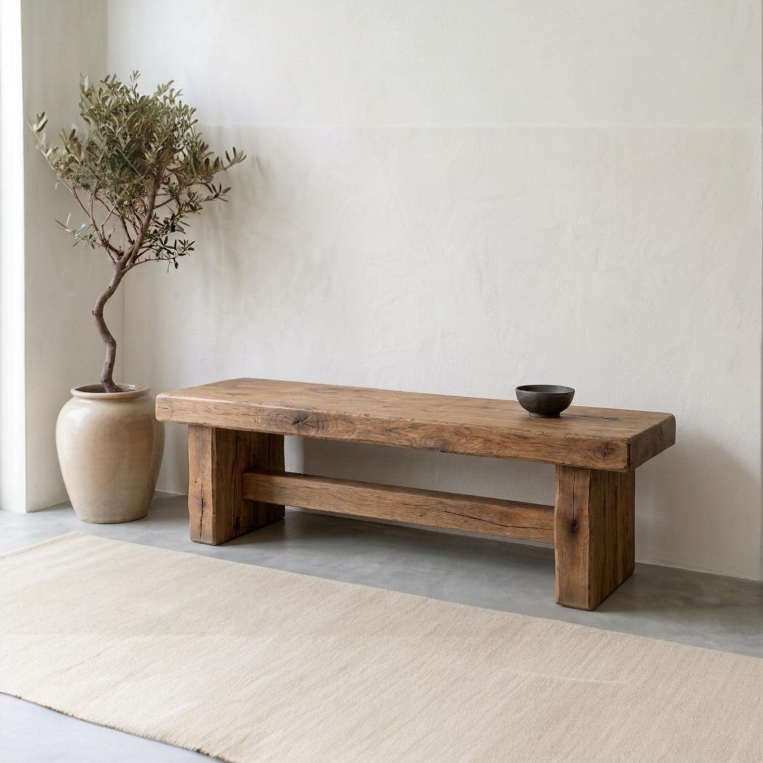 Wabi Sabi Hallway Bench, Reclaimed Oak Seat With Block Legs and