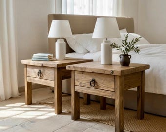 Rustic Oak Nightstand Set – Handmade Natural Wood Bedside Tables with Drawer