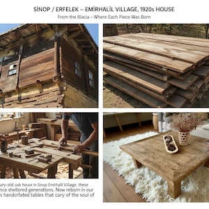 May include: A collage of images showcasing handcrafted wooden furniture. Includes a weathered wooden house, stacks of reclaimed wood planks, artisans working on a table, and a finished square coffee table. The text reads: "SİNOP / ERFELEK - EMİRHALİL VILLAGE, 1920s HOUSE".