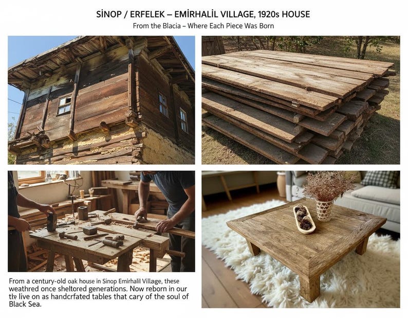 May include: A collage of images showcasing handcrafted wooden furniture. Includes a weathered wooden house, stacks of reclaimed wood planks, artisans working on a table, and a finished square coffee table. The text reads: "SİNOP / ERFELEK - EMİRHALİL VILLAGE, 1920s HOUSE".