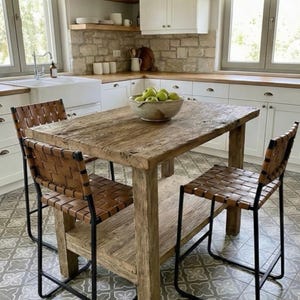 Reclaimed Oak Kitchen Island Table – Rustic Farmhouse Counter Height Table with Storage Shelf image 16
