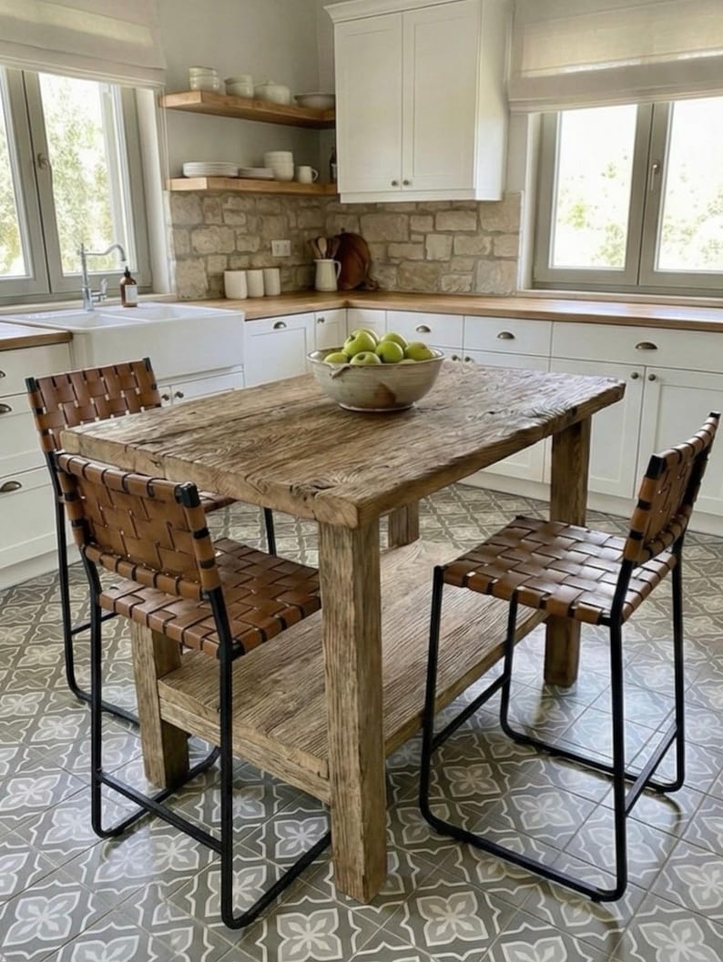 Reclaimed Oak Kitchen Island Table – Rustic Farmhouse Counter Height Table with Storage Shelf image 16