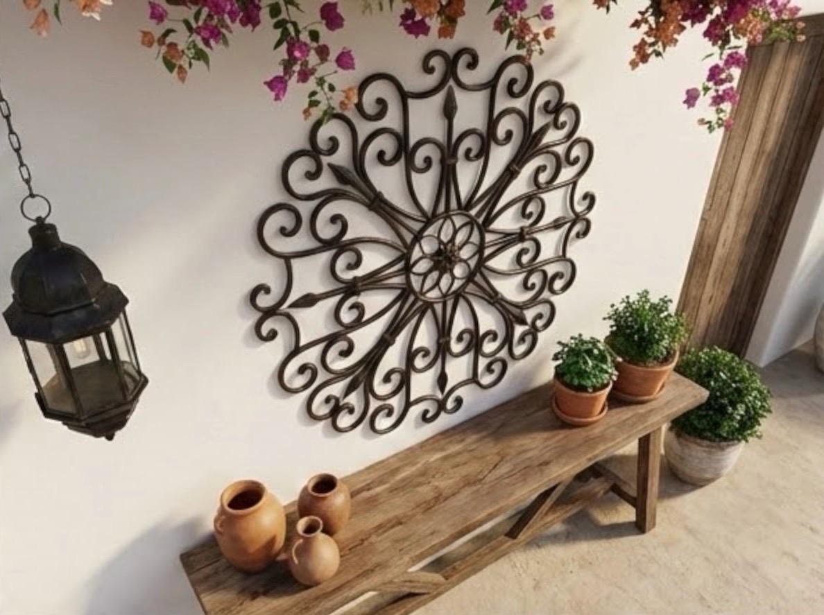 Ruelen 2 Pannelli Decorativi Da Parete In Ferro Battuto – Arco Finestra Con Medaglione, Stile Rustico, 24x40 Cm, Nero