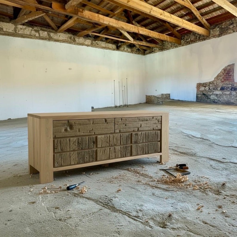 May include: A light-colored wooden dresser with two rows of drawers. The top row has two drawers, and the bottom row has four drawers. The drawer fronts have a textured, rustic appearance. The dresser is in a large, open room with a concrete floor.