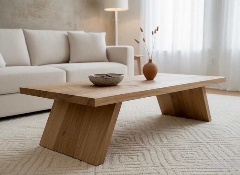 Puede incluir: Una mesa de centro de madera clara con una parte superior rectangular y patas anguladas. Un peque&ntilde;o cuenco de cer&aacute;mica y un jarr&oacute;n de terracota con tallos secos est&aacute;n sobre la mesa. La mesa est&aacute; en un sal&oacute;n con un sof&aacute; blanco y una alfombra estampada.