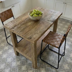 Reclaimed Oak Kitchen Island Table – Rustic Farmhouse Counter Height Table with Storage Shelf image 9