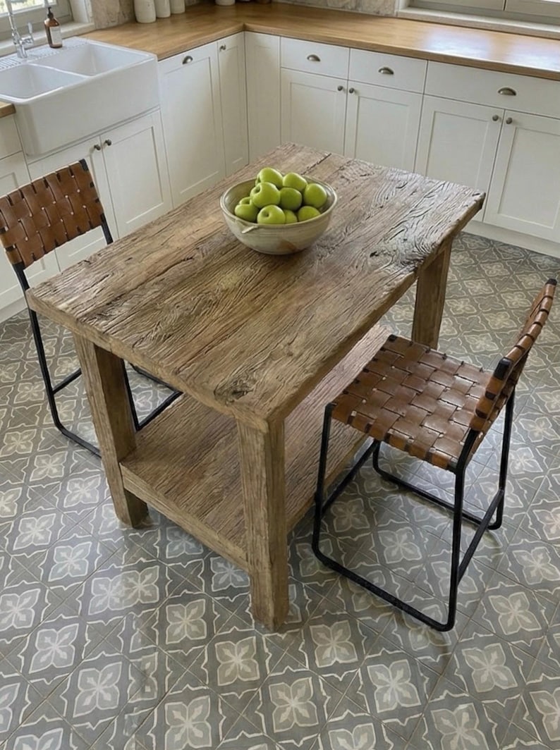 Reclaimed Oak Kitchen Island Table – Rustic Farmhouse Counter Height Table with Storage Shelf image 9