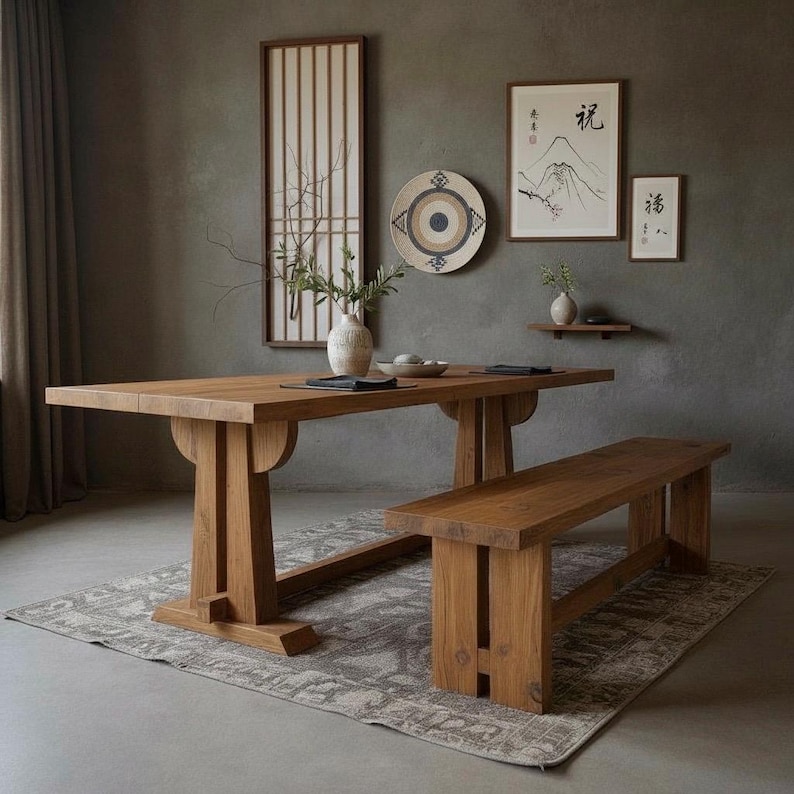 Picture of Japandi Rustic Oak Dining Table and Bench – Long Reclaimed Wood Dining ...