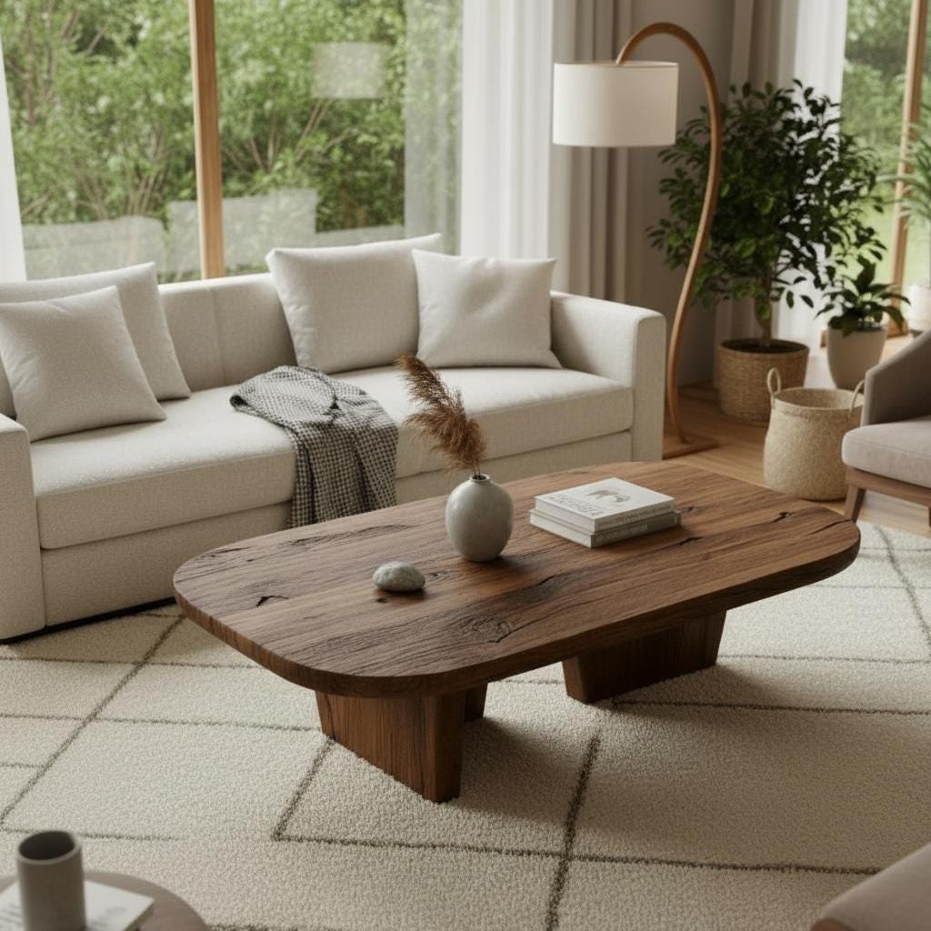 Picture of Japandi Reclaimed Oak Low Coffee Table – Wabi Sabi Organic Modern Oval ...