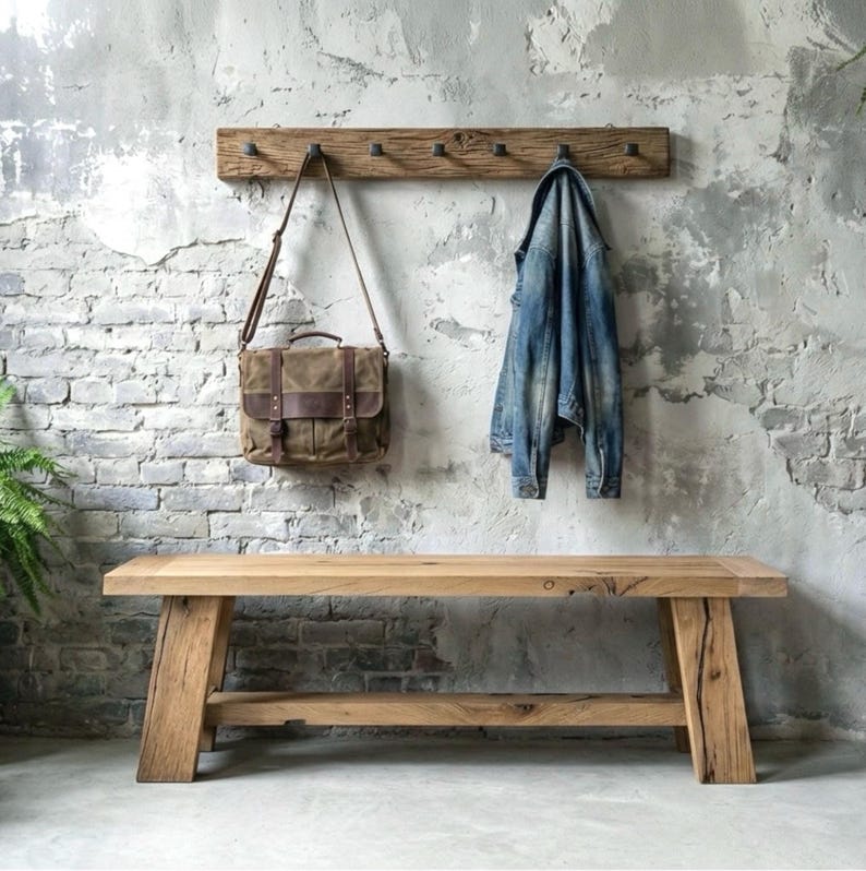 Reclaimed Oak Coat Rack with Wrought Iron Railroad Spike Hooks - Farmhouse Style image 18
