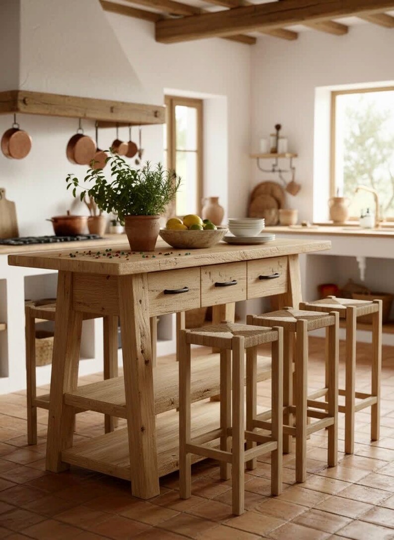 Reclaimed Oak Counter Height Island – Rustic Farmhouse Kitchen Table ...