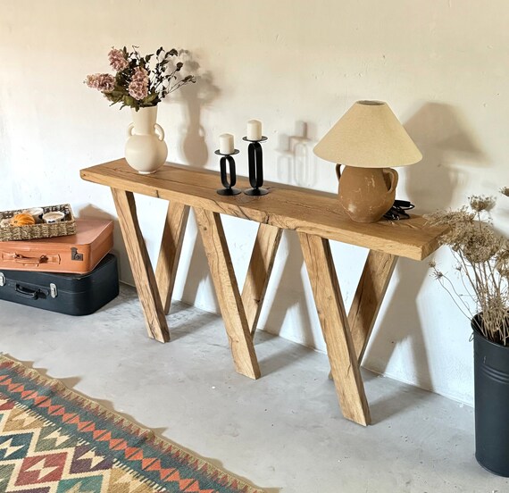 Oak trestle console table discount