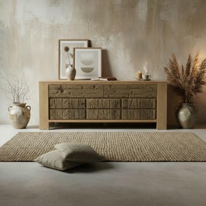 May include: A light oak wood cabinet with a textured, weathered front, two framed prints, and decorative vases. A woven rug and two throw pillows are in front of the cabinet. The room has a neutral color palette.
