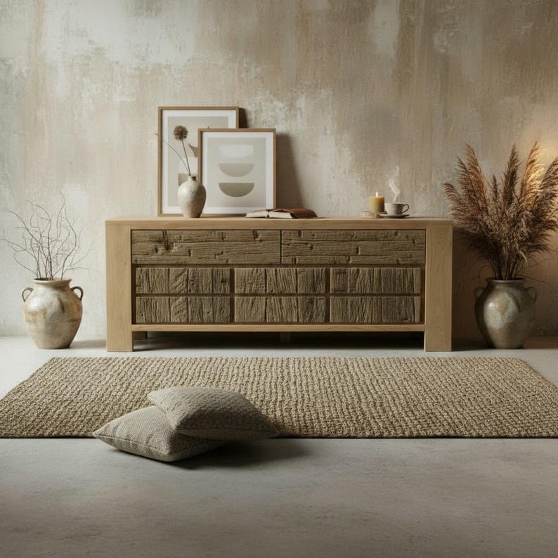 May include: A light oak wood cabinet with a textured, weathered front, two framed prints, and decorative vases. A woven rug and two throw pillows are in front of the cabinet. The room has a neutral color palette.