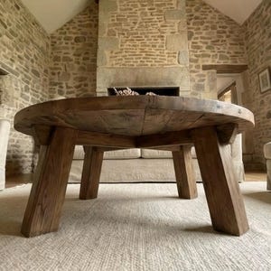 Reclaimed Barn Wood Coffee Table – Rustic Round Handmade Wabi Sabi Furniture image 15