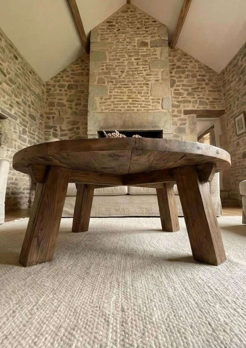 Reclaimed Barn Wood Coffee Table – Rustic Round Handmade Wabi Sabi Furniture image 15