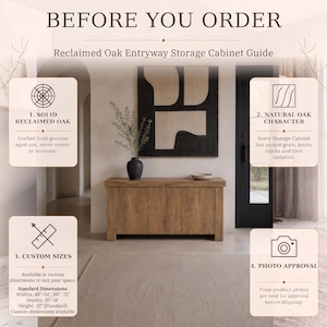 Peut inclure: Un guide informatif pour un meuble de rangement d'entr&eacute;e en ch&ecirc;ne r&eacute;cup&eacute;r&eacute;. Le texte indique : BEFORE YOU ORDER, Reclaimed Oak Entryway Storage Cabinet Guide. Quatre sections d&eacute;taillent la construction en ch&ecirc;ne massif, le caract&egrave;re naturel, les tailles personnalis&eacute;es et l'approbation des photos.