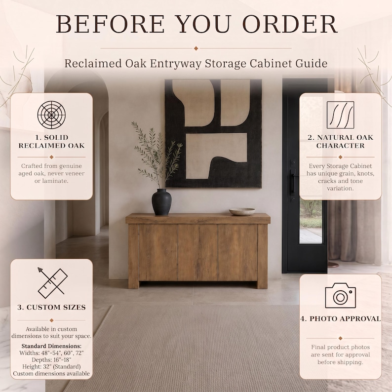 Peut inclure: Un guide informatif pour un meuble de rangement d'entr&eacute;e en ch&ecirc;ne r&eacute;cup&eacute;r&eacute;. Le texte indique : BEFORE YOU ORDER, Reclaimed Oak Entryway Storage Cabinet Guide. Quatre sections d&eacute;taillent la construction en ch&ecirc;ne massif, le caract&egrave;re naturel, les tailles personnalis&eacute;es et l'approbation des photos.
