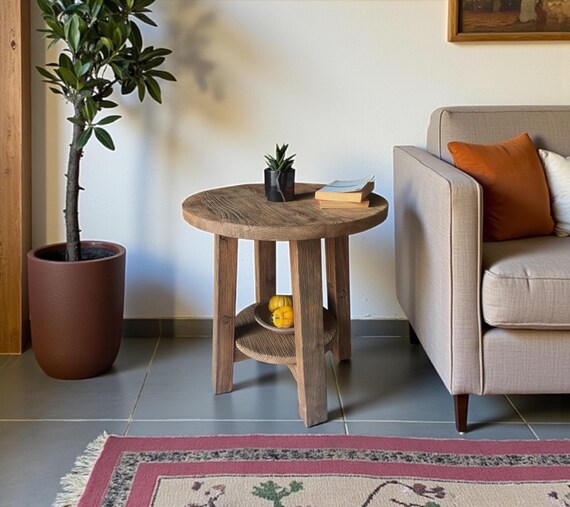 Reclaimed Barn Wood Round Side Table with Shelf - Rustic Farmhouse End Table