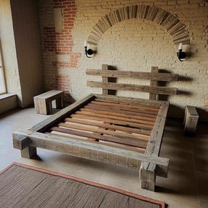 Reclaimed Barn Wood Bed Frame – Handmade Rustic Chunky Platform, King & Queen Sizes