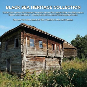 May include: An image of a weathered wooden building with the text "BLACK SEA HERITAGE COLLECTION". The building has multiple windows and a rustic appearance, set against a blue sky and grassy foreground. The text describes the collection's origin.