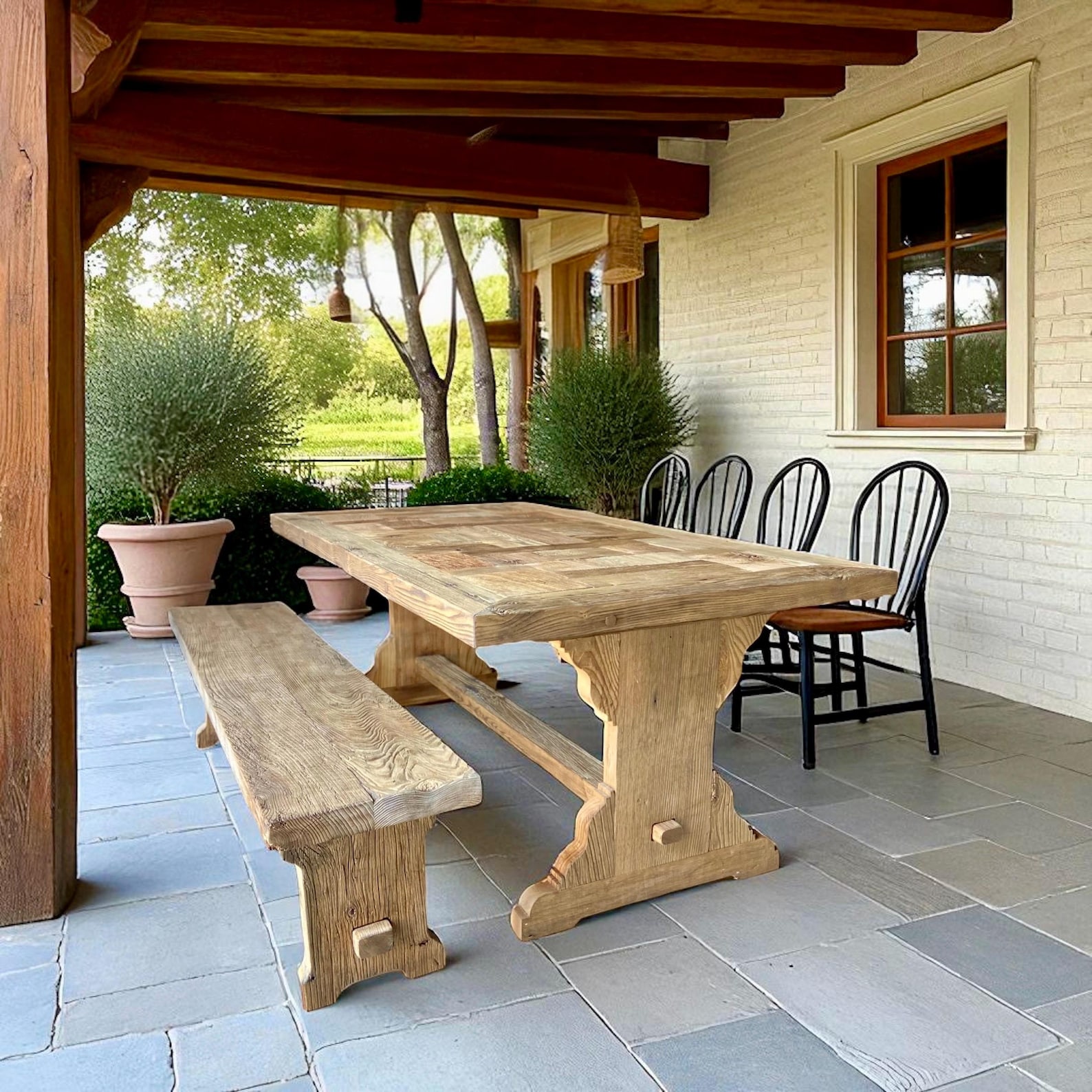 Rustic Reclaimed Oak Dining Table Set With Bench – Handmade Farmhouse ...