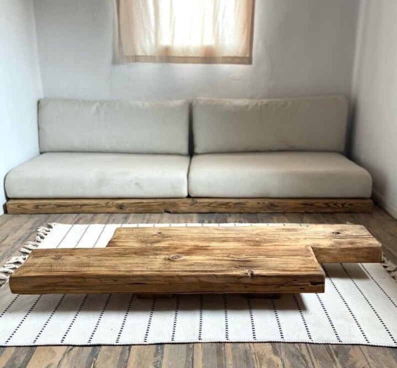 Barn Beam Coffee Table Reclaimed Wood, Low Wabi Sabi Wood Coffee Table, Rustic Japandi Furniture zdjęcie 3