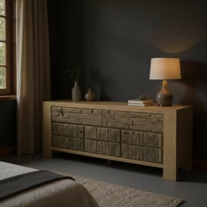 May include: A light oak wood dresser with six drawers, featuring a rustic, textured design on the drawer fronts. A lamp with a beige shade sits on top, along with books and decorative vases. The dresser is in a bedroom setting.