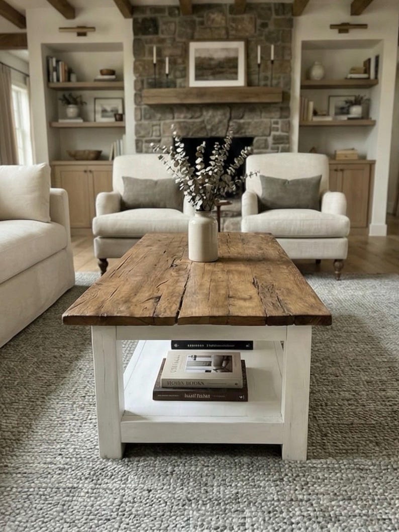 Rustic Reclaimed Oak Coffee Table, Handcrafted Solid Wood Table with Storage Shelf image 13