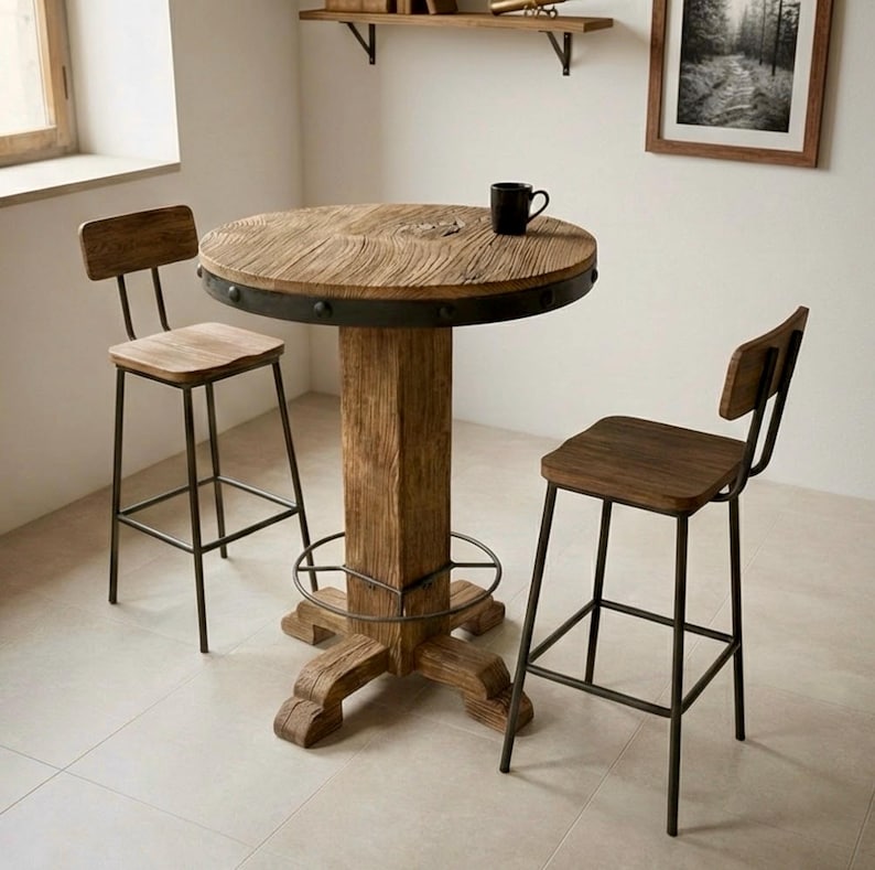 Round Reclaimed Wood Pub Table – Rustic Bar Height Table for Farmhouse & Bistro Spaces image 5