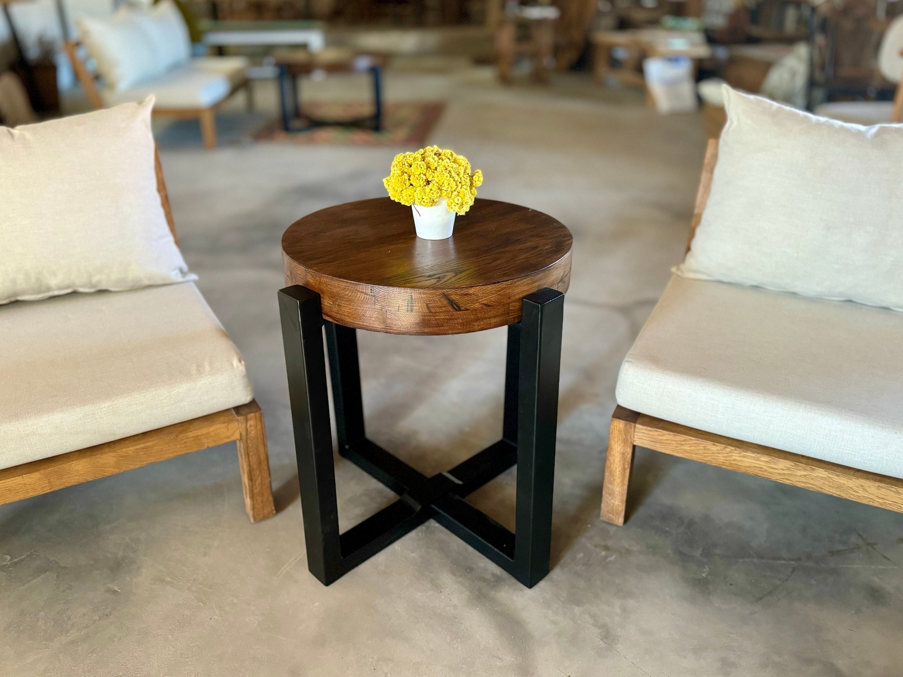 Rustic Thick Round Side Table Rustic Oak End Table Round Farmhouse Side Table Metal Legs Etsy