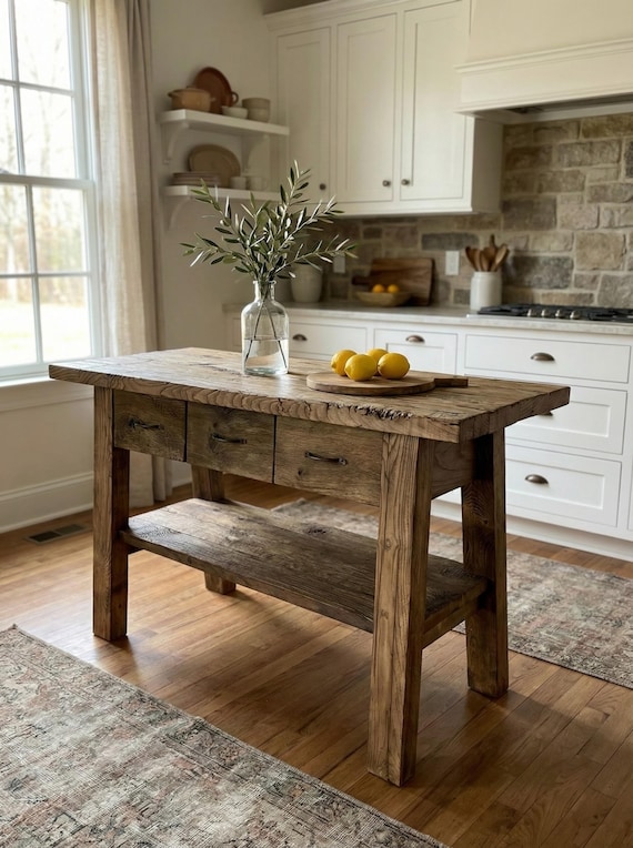 Reclaimed Oak Kitchen Island With Drawers – Wabi Sabi Rustic Wood