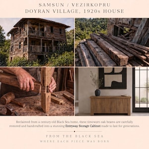 Peut inclure: Un meuble de rangement d'entr&eacute;e fabriqu&eacute; &agrave; partir de poutres en ch&ecirc;ne r&eacute;cup&eacute;r&eacute;es. L'image montre une maison des ann&eacute;es 1920 &agrave; Samsun, Vezirkopru, Doyran Village, des poutres brutes, un assemblage de menuiserie et le meuble fini.