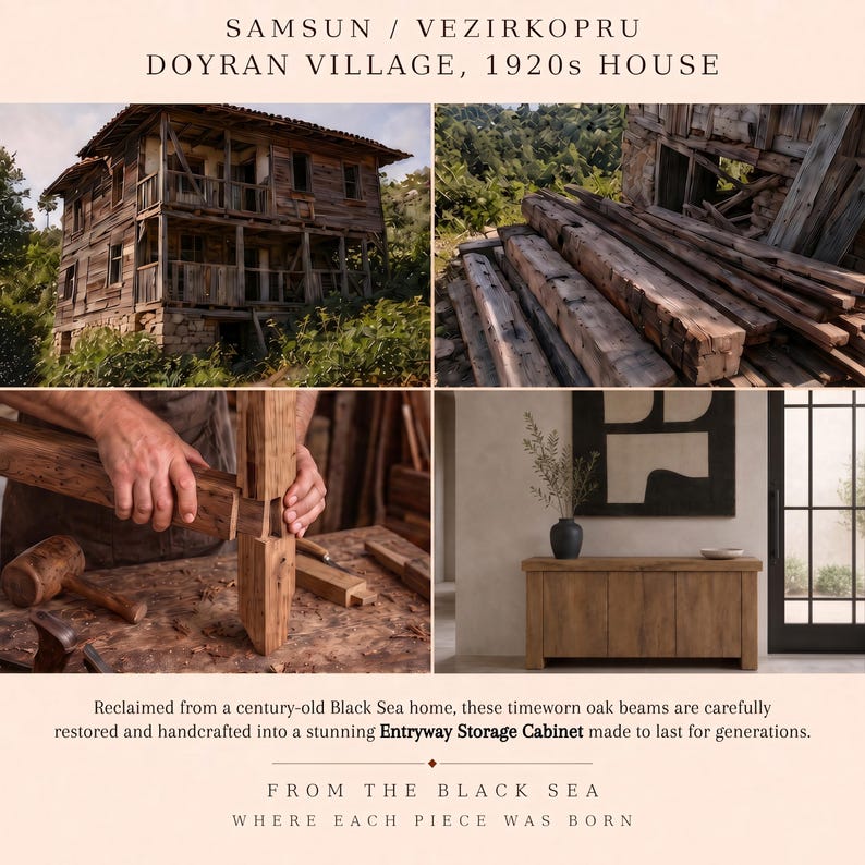 Peut inclure: Un meuble de rangement d'entr&eacute;e fabriqu&eacute; &agrave; partir de poutres en ch&ecirc;ne r&eacute;cup&eacute;r&eacute;es. L'image montre une maison des ann&eacute;es 1920 &agrave; Samsun, Vezirkopru, Doyran Village, des poutres brutes, un assemblage de menuiserie et le meuble fini.