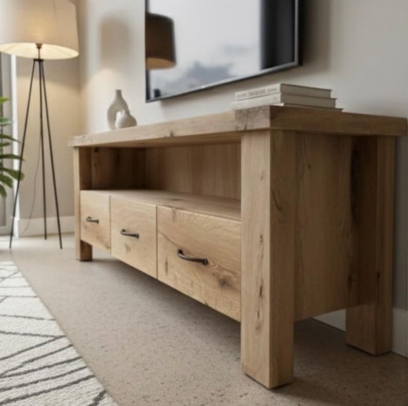 Handcrafted Solid Oak TV Stand – Rustic Farmhouse Media Console with Storage image 14