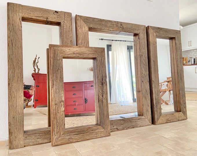Large Wood Frame Mirror Rustic Bathroom Wall Decor, Reclaimed Wood Wall