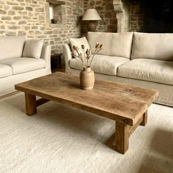 Reclaimed Wood Low Coffee Table – Handmade Long Rustic Farmhouse Design