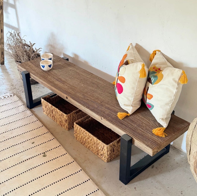 Rustic Entryway Bench, Barnwood Bench Entryway, Rustic Wooden Furniture, Rustic Reclaimed Wood Bench Metal Legs, Farmhouse Bench for Patio image 4